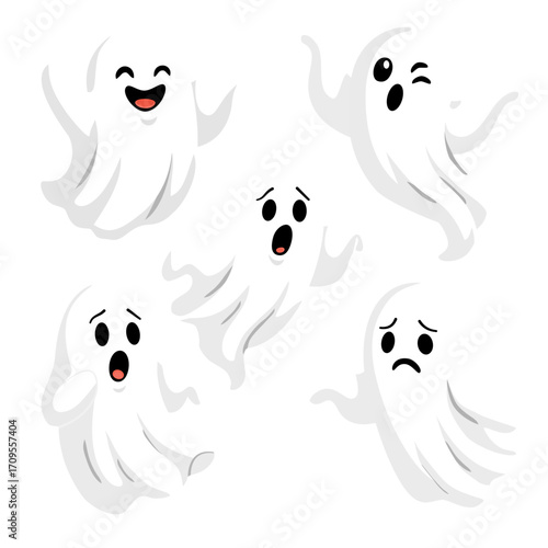 Collection of five cute and spooky ghost illustrations with different expressions perfect for Halloween party decoration, stickers, and seasonal design