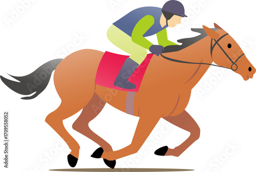 Vector illustration of a jockey riding a galloping horse in a dynamic horse racing scene, representing speed, competition, and equestrian sport