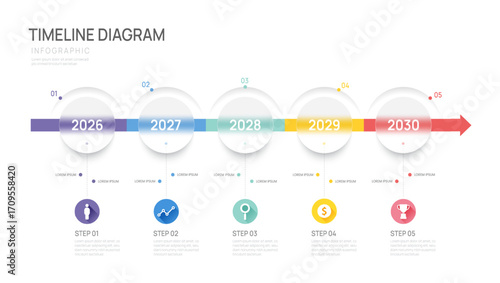 5 Steps Business infographic timeline year arrow glass design template. Business milestone and strategy presentation.Vector illustration.