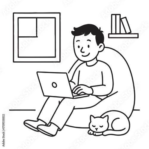 Minimalist Vector Illustration of Man Sitting on Bean Bag Working on Laptop with Cat