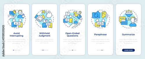 Active listening techniques onboarding mobile app screen. Walkthrough 5 steps editable graphic instructions with linear concepts. UI, UX, GUI. Montserrat SemiBold, Regular fonts used