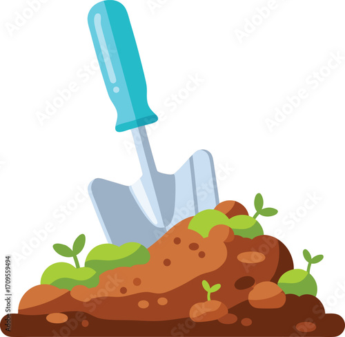 A vibrant minimalist illustration of a colorful garden trowel digging into rich soil with fresh green seedlings, perfect for gardening, horticulture, and outdoor planting projects.