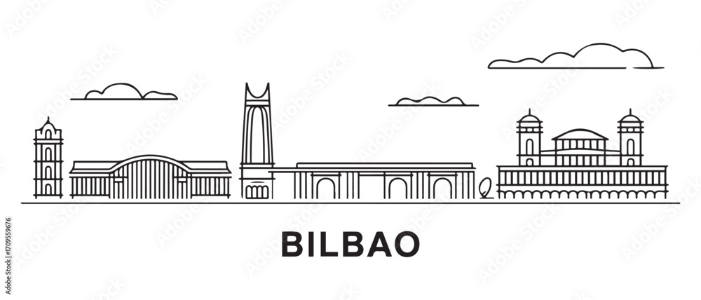 Obraz premium Bilbao Line Art skyline horizontal banner. Bilbao, Spain. Vector template for your design. with white background