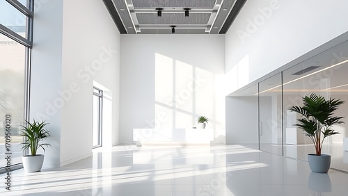 Bright and modern office reception area with clean white walls and natural lighting.