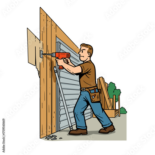 Man repairing garage wall with a drill while standing on ladder  