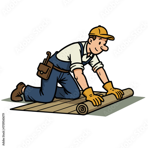 Man laying linoleum on the floor while wearing gloves and working  
