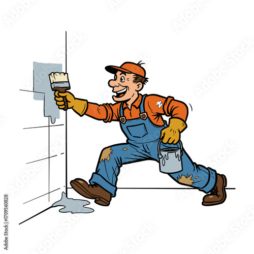 Happy worker painting bathroom corner with paintbrush and bucket  