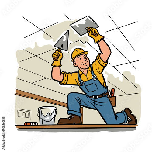 Construction worker plastering ceiling with tools for repair  