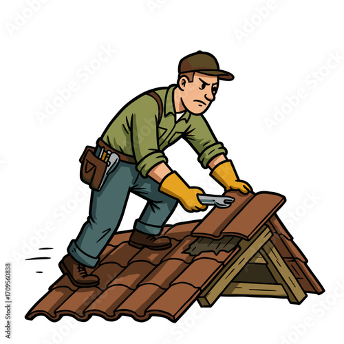 Worker repairing roof tiles with tools on slanted rooftop  