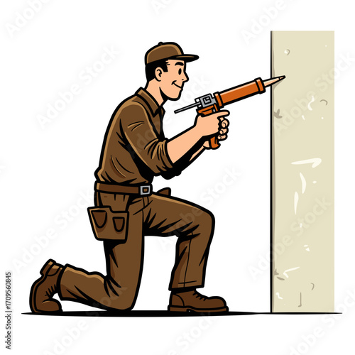 Worker sealing wall joints with caulk gun in brown work uniform  