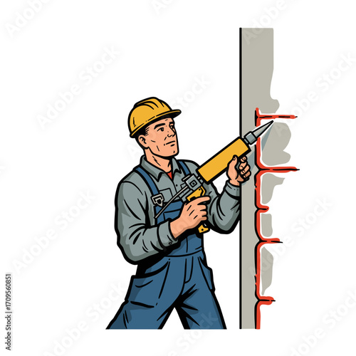 Worker sealing facade joints with caulking gun on construction site  