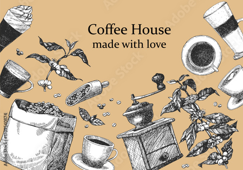 Coffee shop products. Coffee House Coffee design template. Hand-drawn illustration of Coggee. Ink. Vector