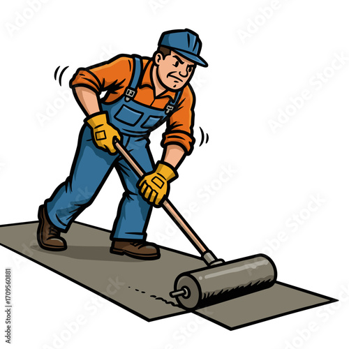 Worker smoothing screed with roller in construction uniform  