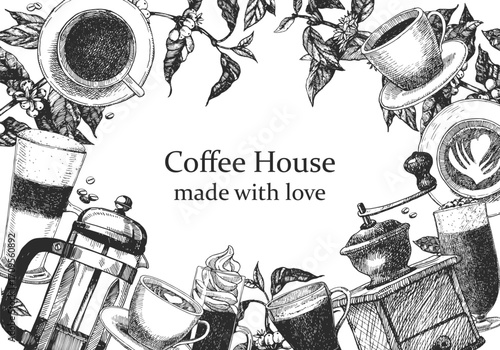 Coffee shop products. Coffee House Coffee design template. Hand-drawn illustration of Coffee. Ink. Vector