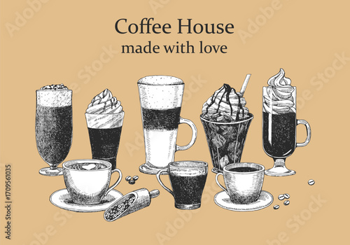 Coffee shop products. Coffee House Coffee design template. Hand-drawn illustration of Coffee. Ink. Vector