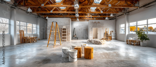 Wide panoramic view of painters working in large industrial workshop, symbolizing teamwork and profession.