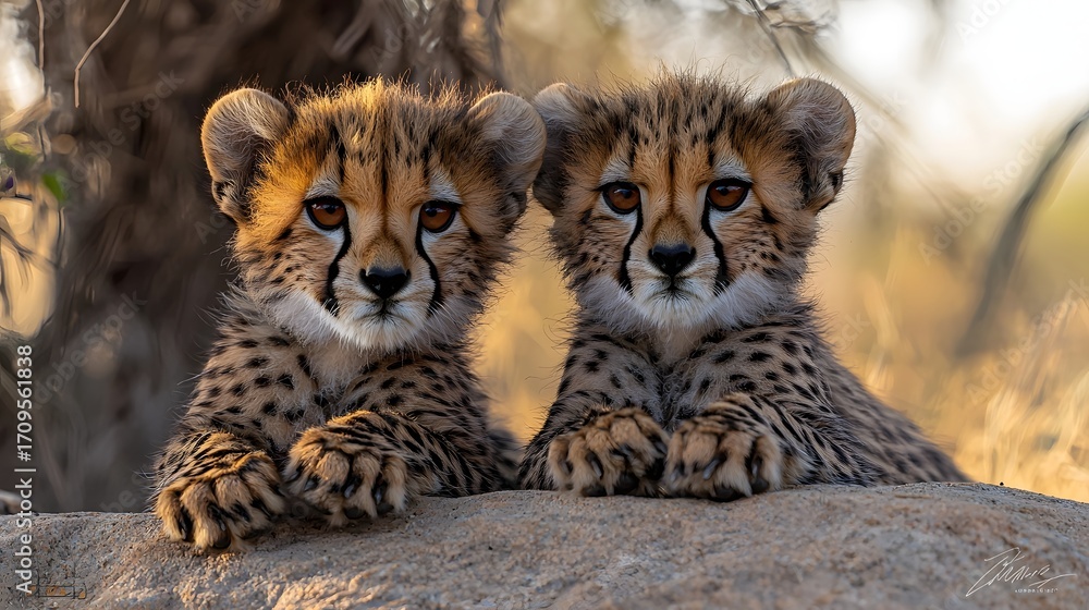 Fototapeta premium Two adorable twin cheetah cubs with distinctive spotted fur rest on a sunlit rock looking alert