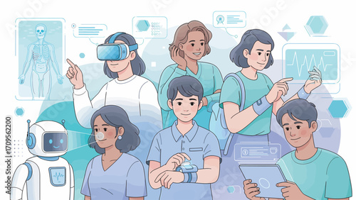 Diverse group of people interacting with various technological devices in a modern setting, showcasing innovation and connectivity.