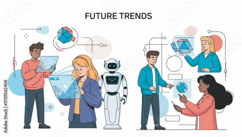 Diverse group of people interacting with futuristic technology and a robot in a modern office setting, showcasing innovation and collaboration in a bright and optimistic atmosphere.
