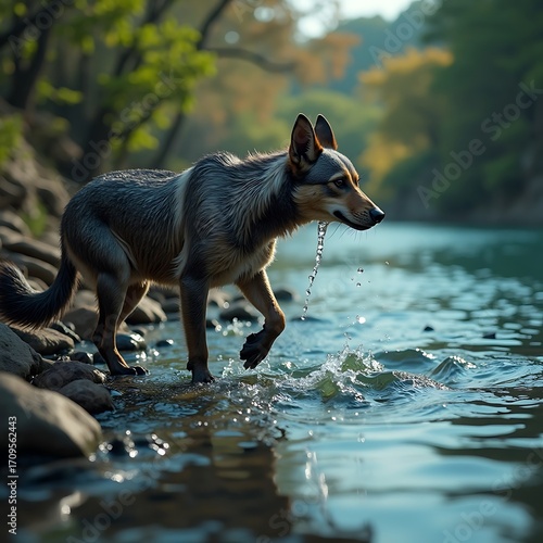 Walking Dog Splashing in River Water on Sunny Day