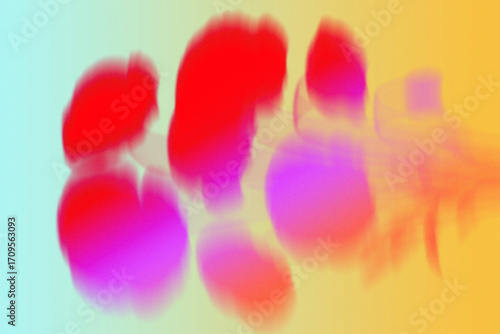 Vibrant abstract forms in red, pink, and orange, softly merging on a smooth gradient from blue to yellow, creating a dynamic modern art background