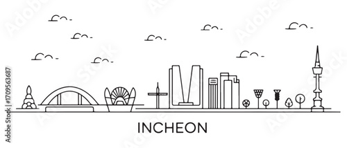 Incheon Line Art skyline horizontal banner. Incheon, South Korea. Vector template for your design. with white background
