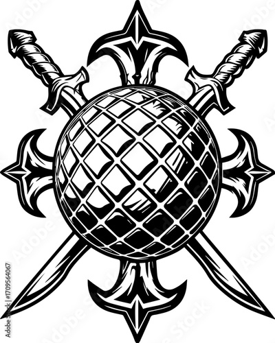 SVG tattoo design inspired by traditional Japanese Irezumi (Wabori) style. Swords and Sphere Design in Black and White for Graphic Use