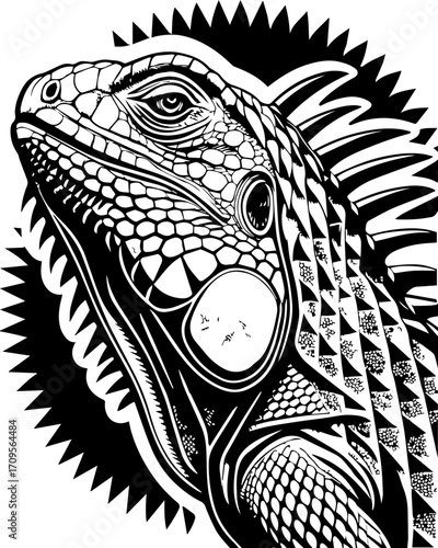 SVG tattoo design inspired by traditional Japanese Irezumi (Wabori) style. Intricate Black and White Illustration of a Detailed Lizard Head