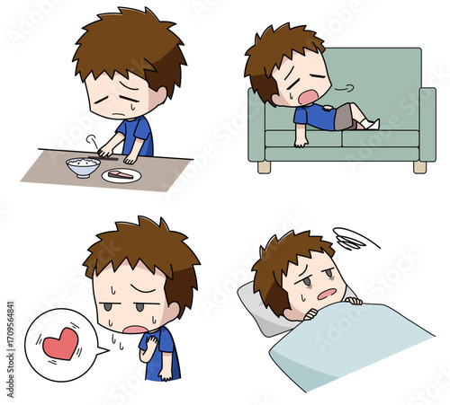 うつ病の身体的症状のイラスト4種類セット・男の子