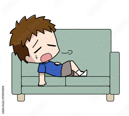 疲れてソファに横になる男の子のイラスト
