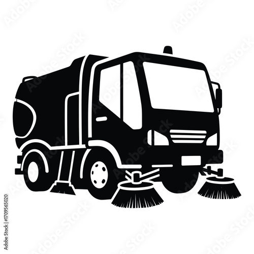 Iconic street sweeper vehicle for urban cleaning and maintenance services silhouette