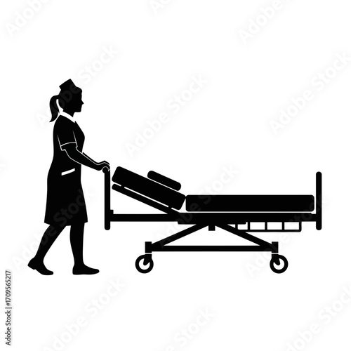 Nurse pushing a hospital bed silhouette isolated on white background