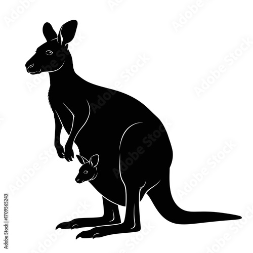Kangaroo and joey silhouette isolated on white background