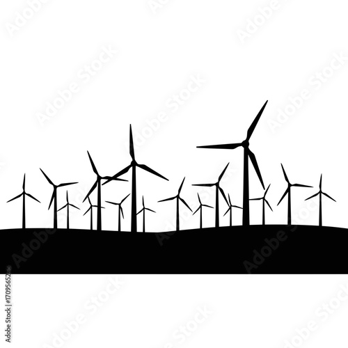 Wind turbines silhouette on a white background isolated on white background