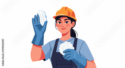 Woman cleaning in protective gear with sponges wiping surfaces is shown. Woman cleaning with protective gear, including yellow hardhat, blue gloves, and navy overalls, ensures cleanliness and safety.