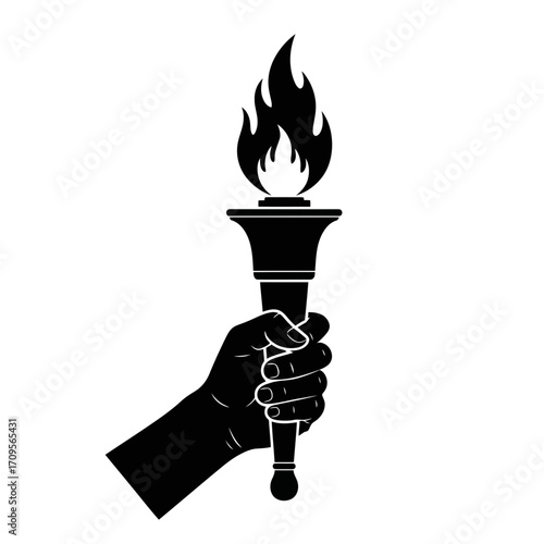 Hand holding a burning torch silhouette isolated on white background