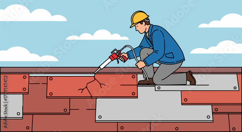 Roof repair featuring skilled worker applies sealant to roof cracks for home improvement, показывая применение герметика,