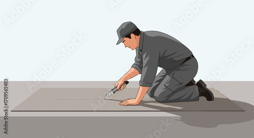 Flooring installation at home with man using cutter and gray panel, монтаж напольных покрытий дома.