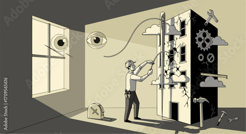 Building repair in abstract illustration featuring worker with needle and thread stitching cracks. Building repair with tools and mechanical elements, representing fixing architectural problems.