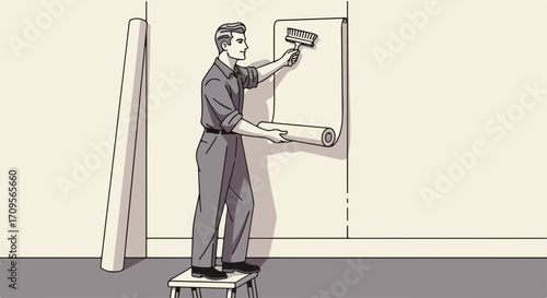 Home improvement with wallpaper installation, handyman applying wallpaper to wall. Wallpaper installation job includes man on stool holding wallpaper roll and smoothing paper onto wall.