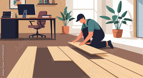 Hardwood flooring installation demonstrates worker placing boards on floor, room scene. Installation includes aligning planks and home improvement project.