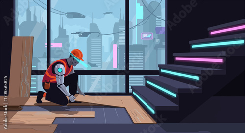 AI construction worker meticulously laying laminate flooring in futuristic building, displaying high-tech precision. AI construction worker installing laminate flooring in futuristic building,