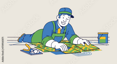 Tiling floor with ceramic tiles by happy worker showing home renovation. Tiling project involves professional ceramic tile installation, handyman working on floor construction,