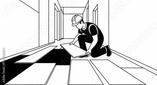 Hardwood floor installation showing worker fitting planks in hallway. Hardwood floor installation includes precise fitting by handyman, ensuring perfect alignment and professional look.