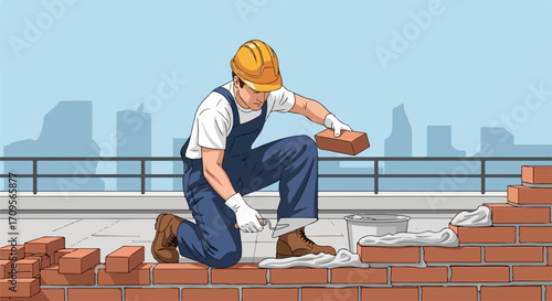 Construction worker laying bricks, showing masonry expertise in building construction. Construction worker is focused on masonry work, ensuring each brick is perfectly placed,