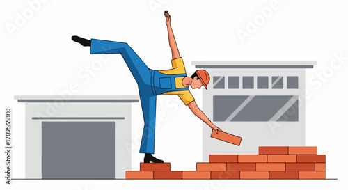 Construction worker laying bricks with balance and form depicts builder's focus on construction site, construction worker building brick wall showcases concentration in skilled worker.
