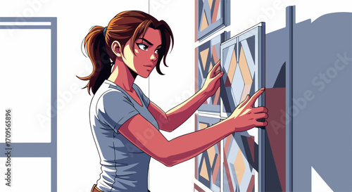 Woman hanging pictures showing arrangement of geometric pattern, woman hanging pictures with care on wall, making home look stylish.