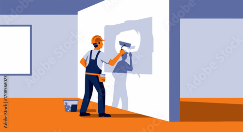 Painter worker at work, using paint roller for wall painting renovation indoors. Wall painting provides fresh look to your home, while painter worker ensures thorough application, smoothing surfaces,