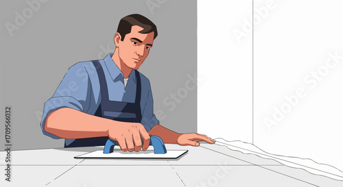 Tile installation in progress with skilled worker applying grout to floor tiles, ensuring a smooth finish. Expert tile installation involves careful application and attention to detail,