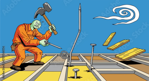 Illustration of hammering nails shows a humorous scene of construction error with funny details. Hammering nails into wood with humorous result shows the error-prone aspect of home repair.